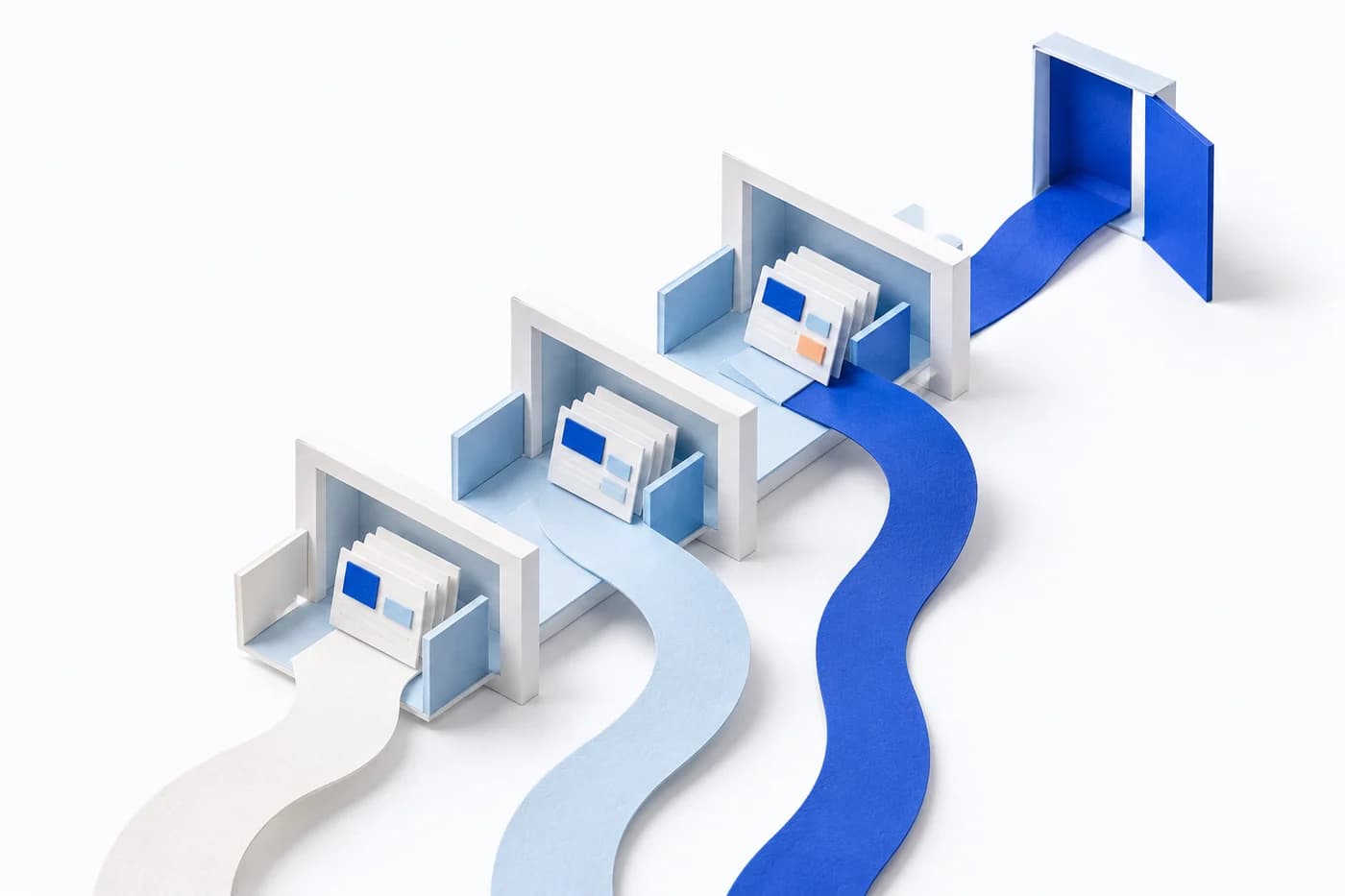 Trylane illustration of separate workspaces with a path continuing into a new account