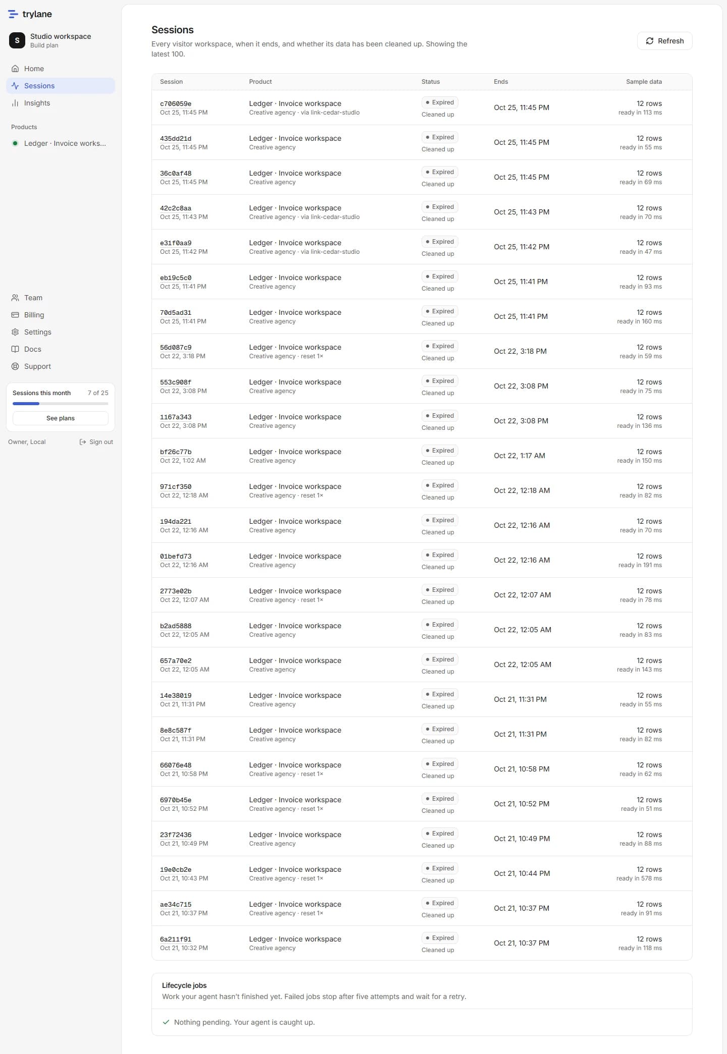 Trylane Sessions screen with sample visitor sessions and cleanup states